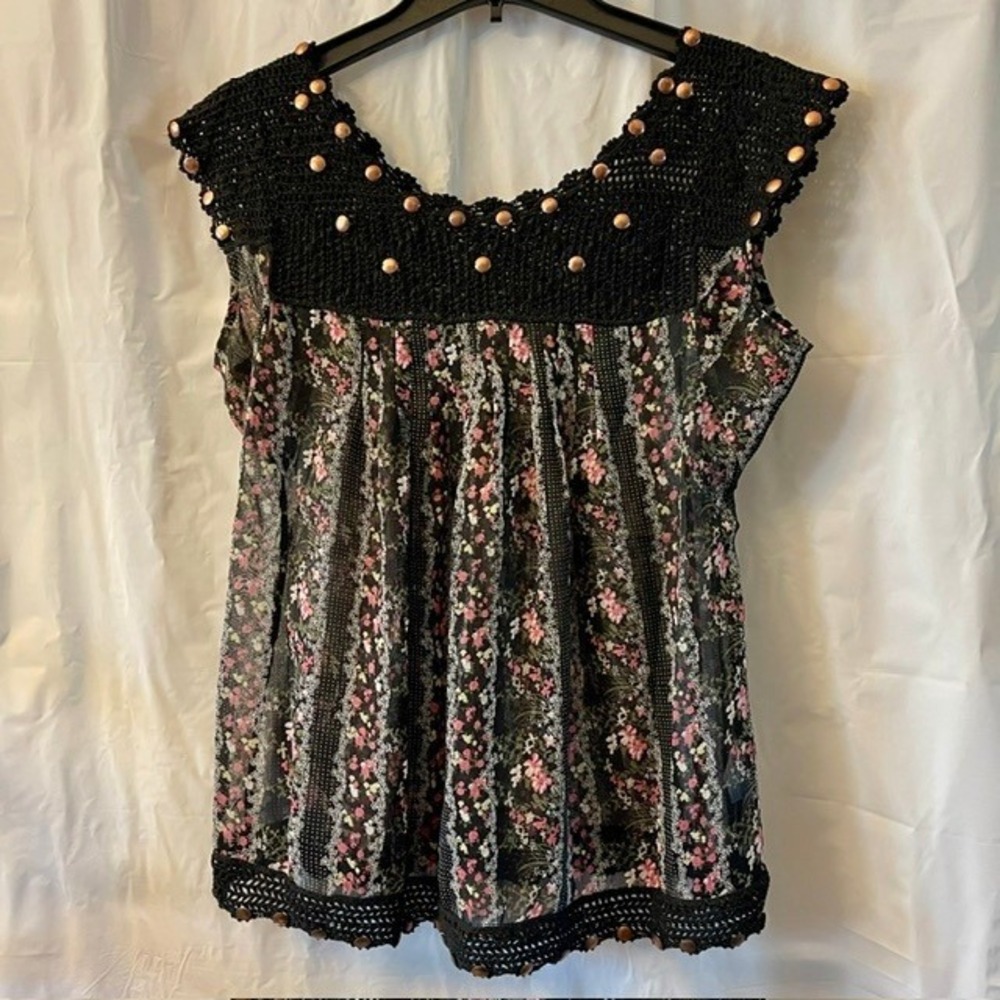 Hazel Y2K Floral Crochet Copper Studded Boho Steampunk Retro Sheer Top Sz M